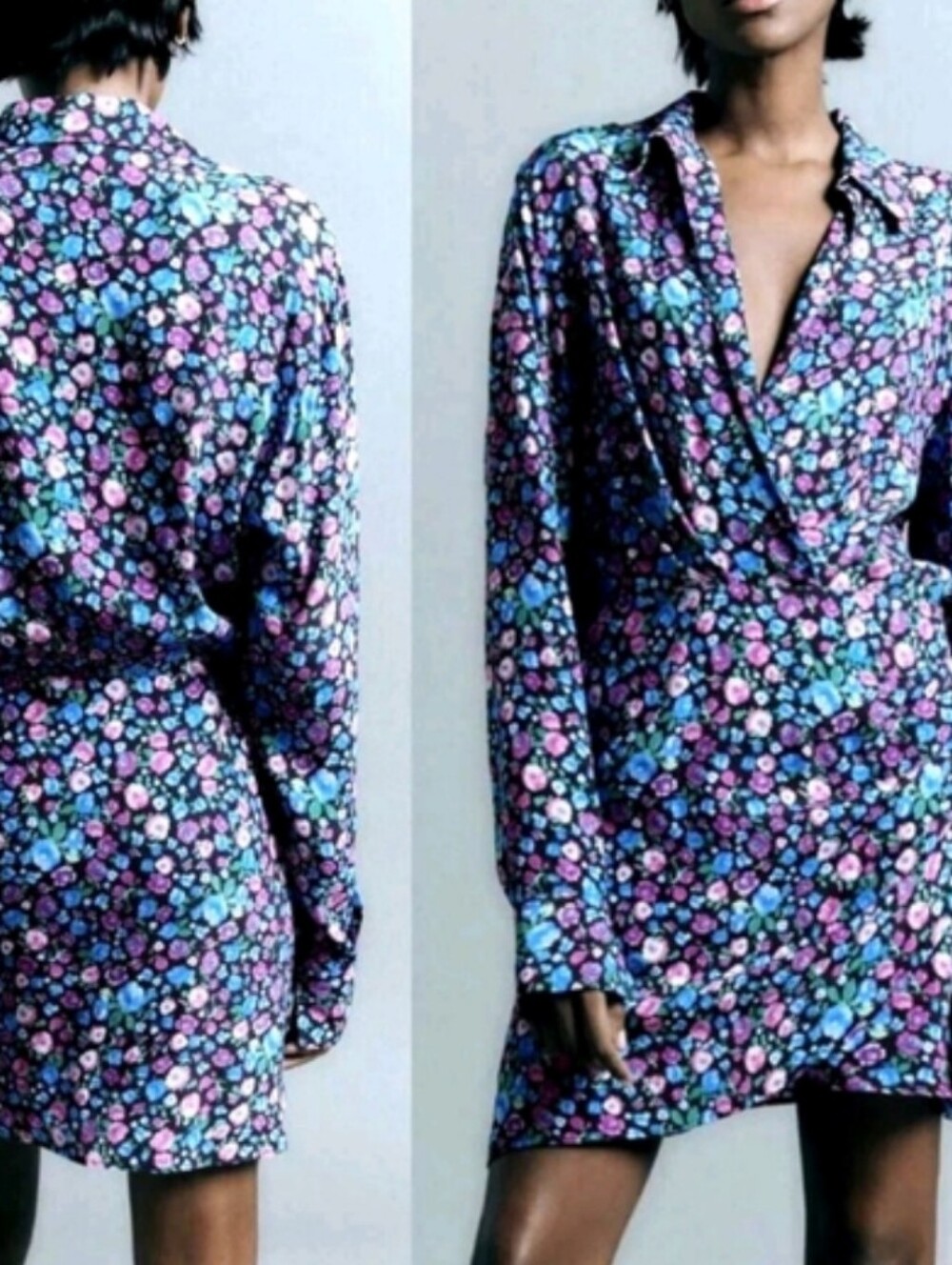 Zara Black Faux Wrap Dress with Blue, Pink & Green Floral Print Large